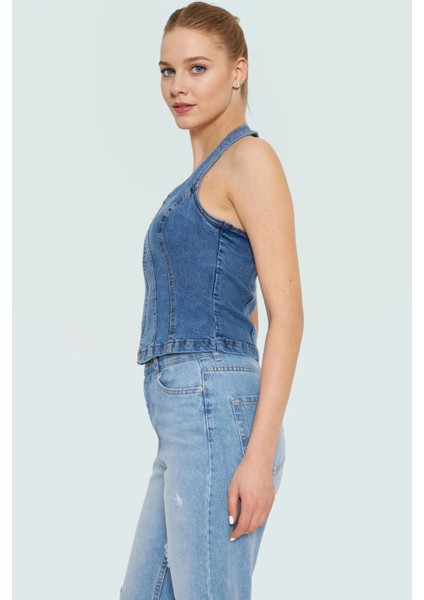 Stretch Denim Bluz Ön Fermuarlı Halter Yaka Regular Günlük Kombinler Özenle Seçilmiş fırsatları