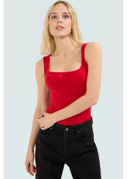 Basic Kare Yaka Bluz Polyester Örme Kumaş Fitted Yazlık Modern Stil Yüksek Kalite