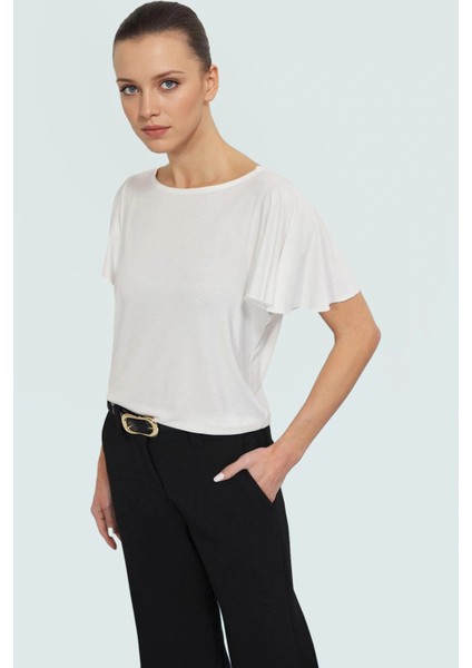 Rahat Viskoz Bluz Büzgülü Kollar Bisiklet Yaka Regular Kalıp Yazlık Şık Görünüm Modern Stil