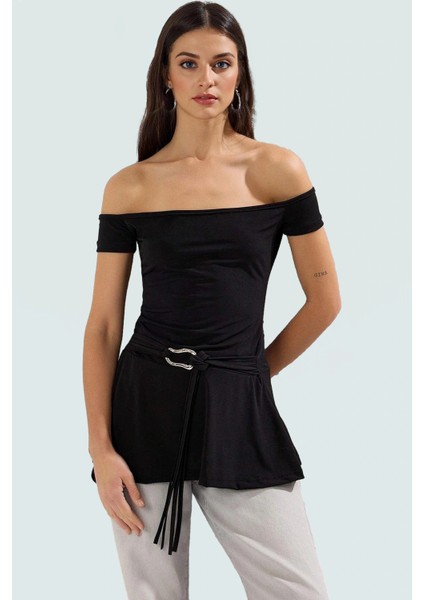 Rahat Yazlık Örme Bluz Uzun Kemer Detaylı Carmen Yaka Kaliteli Işçilik Seçkin Malzeme