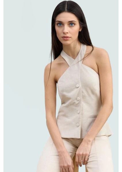 Dokuma Keten Karışımlı Halter Yaka Yelek Yazlık Rahat Iş ve Günlük Profesyonel Görünüm