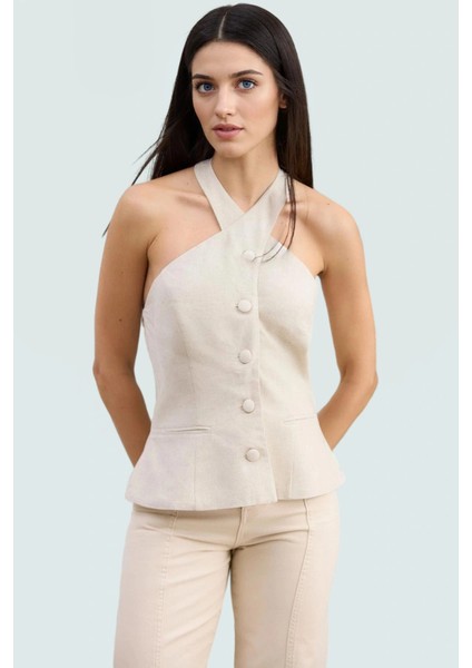 Dokuma Keten Karışımlı Halter Yaka Yelek Yazlık Rahat Iş ve Günlük Profesyonel Görünüm fiyatları