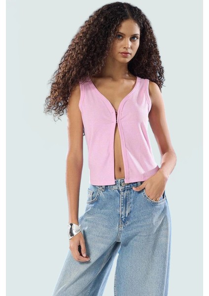 Fitted Crop Bluz Renk Poliviskon Kaşkorse V Yaka Yarım Pat Düğme Seçkin Malzeme