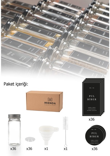 36'lı Cam Baharatlık Seti Kapaklı Etiketli Baharatlık Takımı Fırça Huni Hediyeli