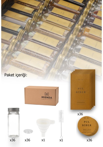 36'lı Cam Baharatlık Seti Kapaklı Etiketli Baharatlık Takımı Fırça Huni Hediyeli