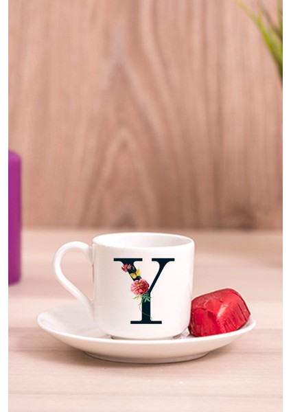 Y Harfi Çiçek Desenli Porselen Türk Kahvesi Fincanı
