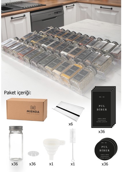 36'lı Şeffaf Pleksi Standlı Cam Kapaklı Baharatlık Seti Etiket Fırça Huni Yanında