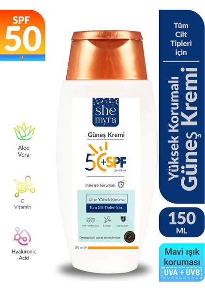 Sun Güneş Kremi Yüksek Korumalı SPF 50+ 150 ml Aydınlatıcıı Aloe Vera + E Vitamini