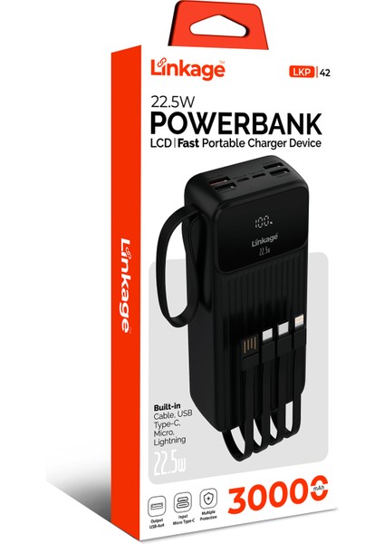 Lkp-42 4xusb 30.000MAH LCD Ekran, 22.5W Dahili Usb, Mikro, Type-C Lightning Powerbank