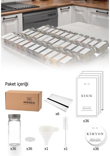 36'lı Şeffaf Pleksi Standlı Cam Kapaklı Baharatlık Seti Etiket Fırça Huni Hediyeli