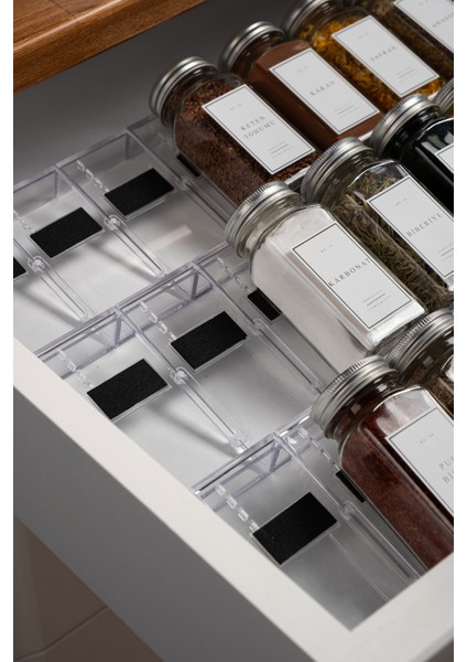 36'lı Şeffaf Pleksi Standlı Cam Kapaklı Baharatlık Seti Etiket Fırça Huni Hediyeli