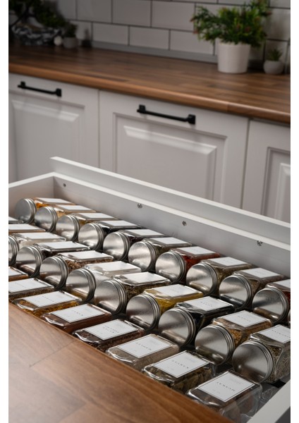 36'lı Şeffaf Pleksi Standlı Cam Kapaklı Baharatlık Seti Etiket Fırça Huni Hediyeli