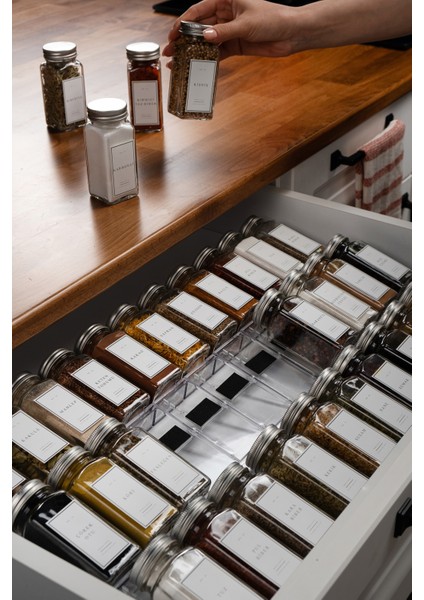 36'lı Şeffaf Pleksi Standlı Cam Kapaklı Baharatlık Seti Etiket Fırça Huni Hediyeli