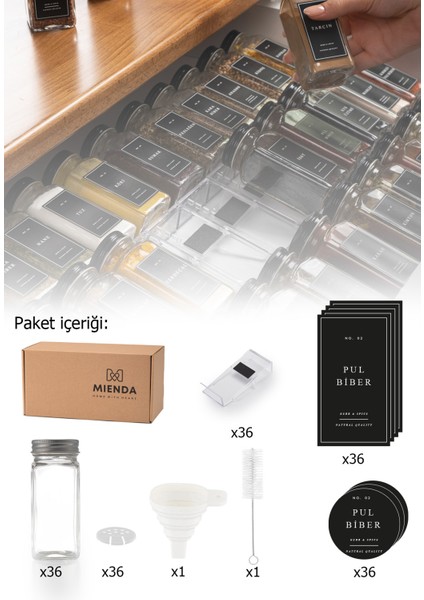 36'lı Şeffaf Lego Standlı Cam Kapaklı Baharatlık Seti Etiket Fırça Huni Hediyeli