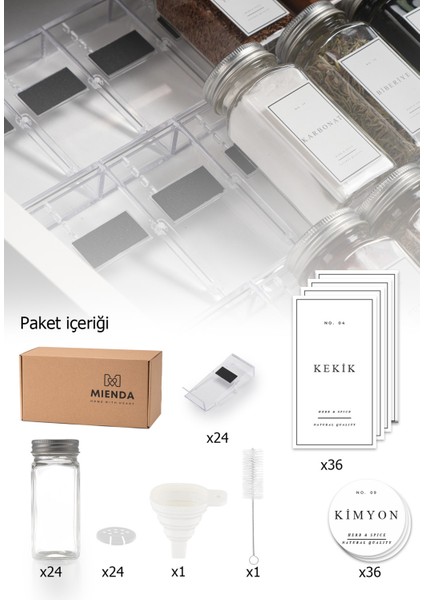 36'lı Şeffaf Lego Standlı Cam Kapaklı Baharatlık Seti Etiket Fırça Huni Hediyeli