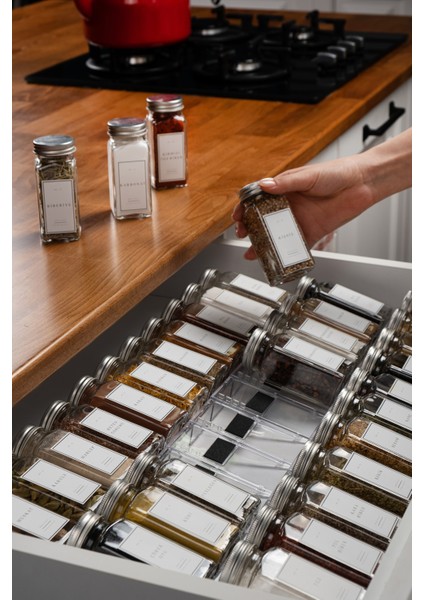 36'lı Şeffaf Lego Standlı Cam Kapaklı Baharatlık Seti Etiket Fırça Huni Hediyeli