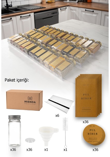 36'lı Şeffaf Pleksi Standlı Cam Kapaklı Baharatlık Seti Etiket Fırça Huni Hediyeli