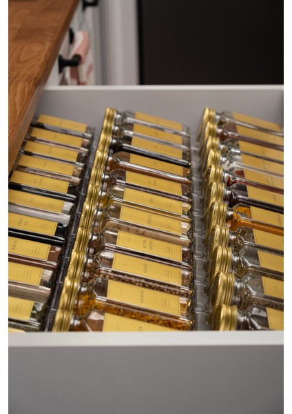 36'lı Şeffaf Pleksi Standlı Cam Kapaklı Baharatlık Seti Etiket Fırça Huni Hediyeli