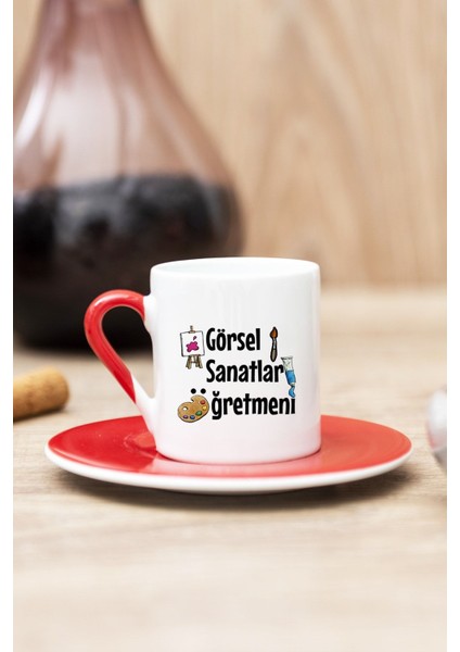 Kırmızı Görsel Sanatlar Öğretmeni Baskılı Türk Kahvesi Fincanı, Şık ve Özel Tasarım