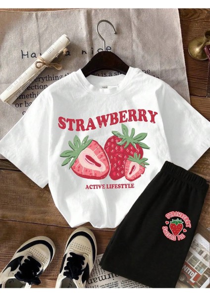 Strawberry Baskılı Kız Çocuk/yetişkin Alt Üst Takım – Yazlık Tişört ve Şort Seti