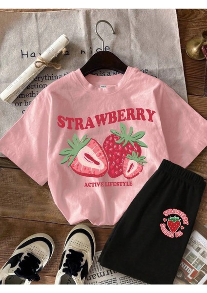 Strawberry Baskılı Kız Çocuk/yetişkin Alt Üst Takım – Yazlık Tişört ve Şort Seti