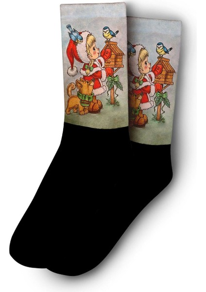 Retro Çizim Noel Kız Noel Dijital Baskılı Yılbaşı Çorabı - Unisex