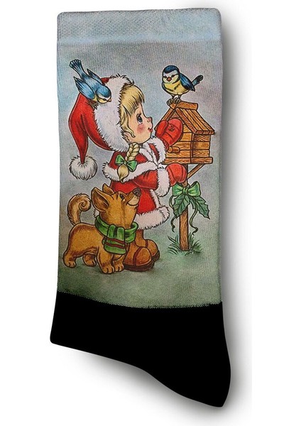 Retro Çizim Noel Kız Noel Dijital Baskılı Yılbaşı Çorabı - Unisex
