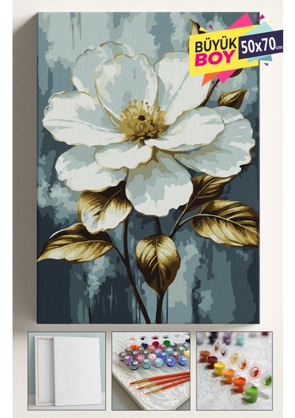 Sayılarla Boyama Seti Numaralı Tuval Fırça Boya Dahil Kasnaklı Set 50X70 cm - Beyaz Çiçek