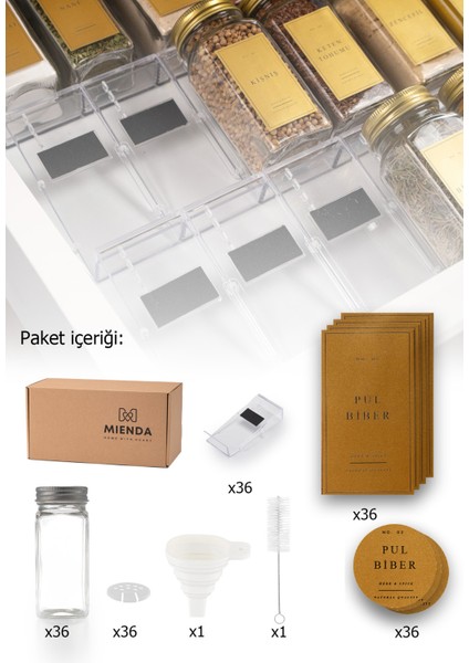 36'lı Şeffaf Lego Standlı Cam Kapaklı Baharatlık Seti Etiket Fırça Huni Hediyeli