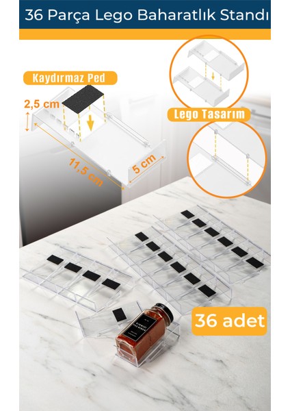 36'lı Şeffaf Lego Standlı Cam Kapaklı Baharatlık Seti Etiket Fırça Huni Hediyeli
