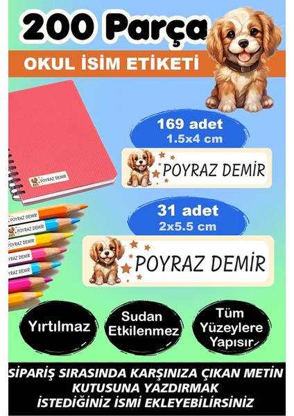 Sevimli Köpek Kalem Defter Okul Etiketi - Kişiye Özel Isim Yazılabilen 200 Adet Etiket
