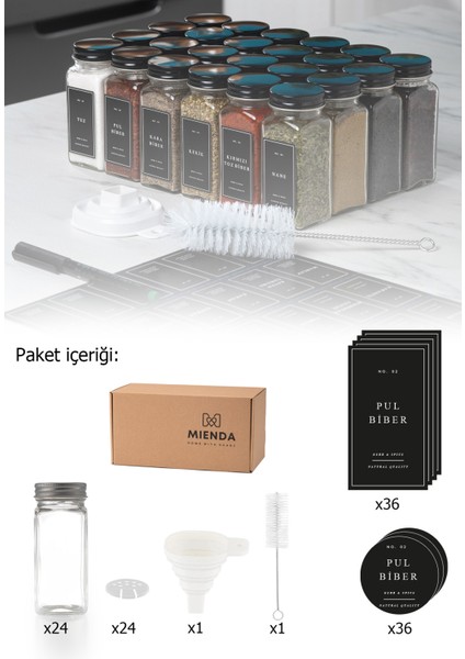 24'lü Cam Baharatlık Seti Kapaklı Etiketli Baharatlık Takımı Fırça Huni Hediyeli