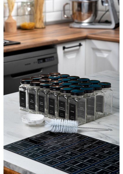 24'lü Cam Baharatlık Seti Kapaklı Etiketli Baharatlık Takımı Fırça Huni Hediyeli indirimleri