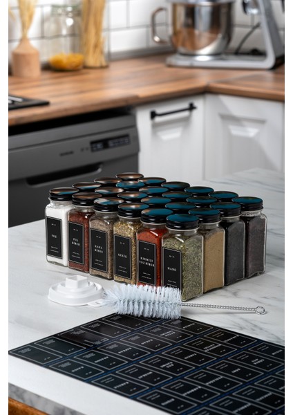 24'lü Cam Baharatlık Seti Kapaklı Etiketli Baharatlık Takımı Fırça Huni Hediyeli