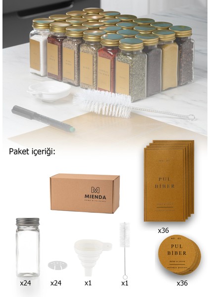 24'lü Cam Baharatlık Seti Kapaklı Etiketli Baharatlık Takımı Fırça Huni Hediyeli