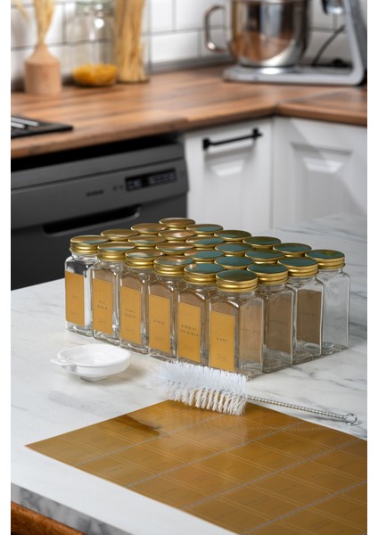 24'lü Cam Baharatlık Seti Kapaklı Etiketli Baharatlık Takımı Fırça Huni Hediyeli