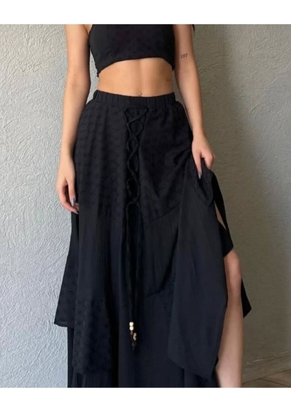 Gotik Saçaklı Ön Korseli Salaş Doğal Kumaş Otantik Bel Lastikli Kombin Dizayn Etek fırsatları