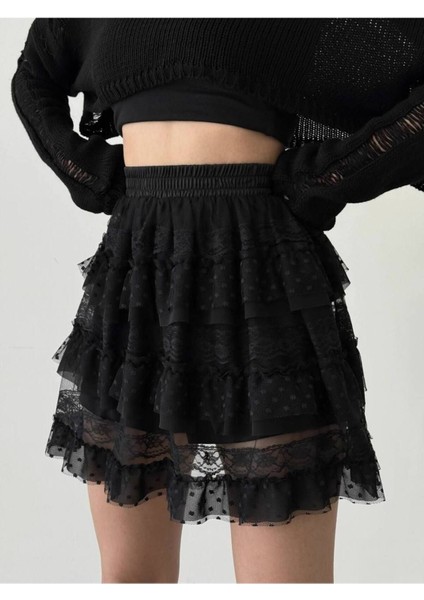Gotik Puantiyeli Puanlı Kat Tül Tütü Şortlu Beli Lastikli Dantelli Baharlık Yazlık Kombin Etek Siyah fırsatları