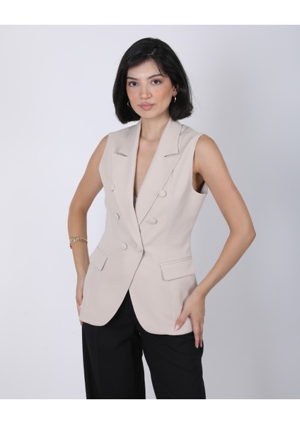Kadın Bej Düğme Detaylı Blazer Yelek