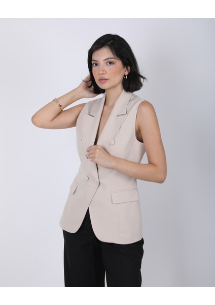 Kadın Bej Düğme Detaylı Blazer Yelek modelleri