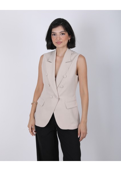 Kadın Bej Düğme Detaylı Blazer Yelek