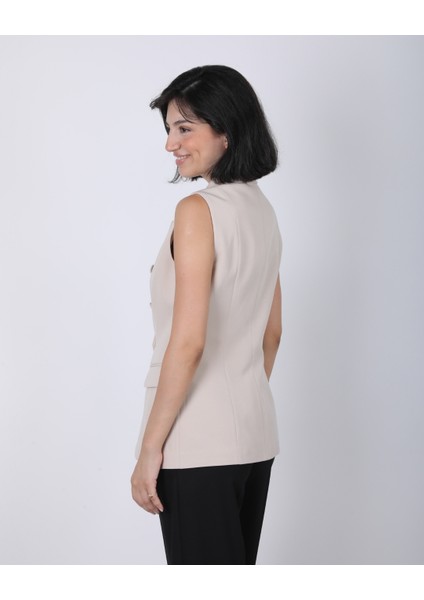 Kadın Bej Düğme Detaylı Blazer Yelek