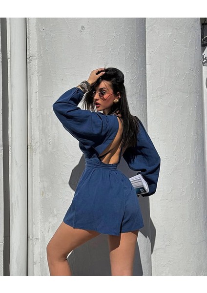 Derin V Yaka Belden Oturan Sırt Dekolteli Mini Keten Doğal Kumaşlı Yazlık Tatil Şortlu Tulum fırsatları