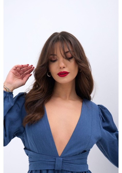 Derin V Yaka Belden Oturan Sırt Dekolteli Mini Keten Doğal Kumaşlı Yazlık Tatil Şortlu Tulum