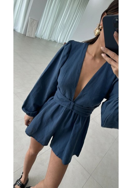 Derin V Yaka Belden Oturan Sırt Dekolteli Mini Keten Doğal Kumaşlı Yazlık Tatil Şortlu Tulum