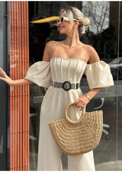 Puf Kol Kemerli Straples Cepli Geniş Ispanyol Paça Yüksek Bel Gece Kokteyl Davet Yazlık Uzun Tulum