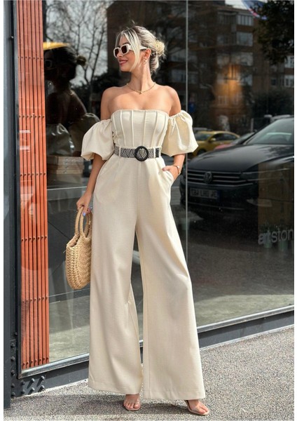 Puf Kol Kemerli Straples Cepli Geniş Ispanyol Paça Yüksek Bel Gece Kokteyl Davet Yazlık Uzun Tulum