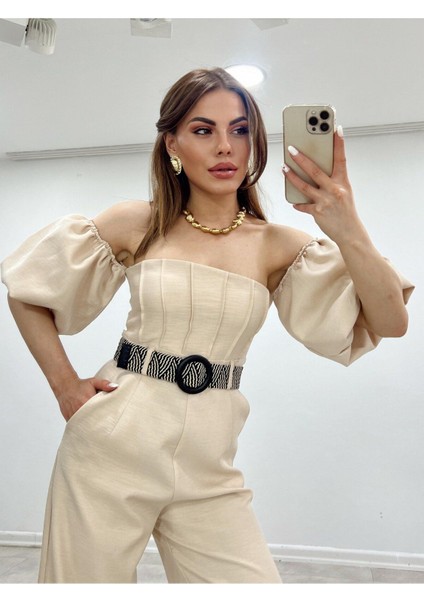 Puf Kol Kemerli Straples Cepli Geniş Ispanyol Paça Yüksek Bel Gece Kokteyl Davet Yazlık Uzun Tulum