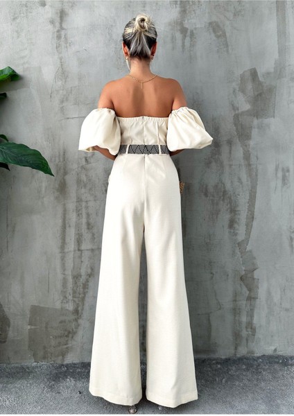 Puf Kol Kemerli Straples Cepli Geniş Ispanyol Paça Yüksek Bel Gece Kokteyl Davet Yazlık Uzun Tulum