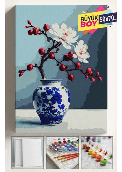 Sayılarla Boyama Seti Numaralı Tuval Fırça Boya Dahil Kasnaklı Set 50X70 cm - Kiraz Vazo